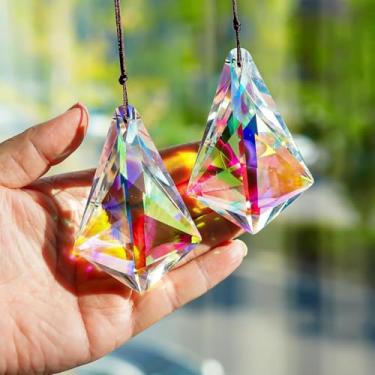 Imagem de Apanhadores de sol, prismas de cristal, cristais pendurados na janela, 2 peças de prismas de chifres de cristal coloridos, apanhadores de sol com pingente de vidro para lustres, jardim, decoração do
