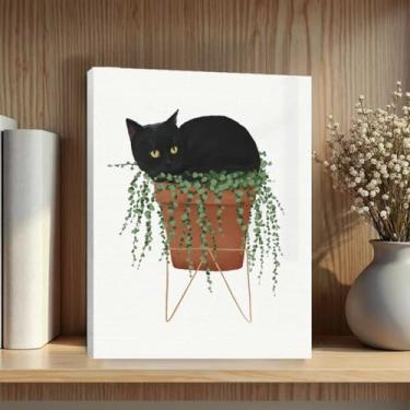 Imagem de Arte de parede emoldurada botânica de gato fofo, folhas verdes, plantas, boho, arte de parede, pinturas, decoração de parede, presentes exclusivos e amantes de gatos, imagem para sala de jantar, sala