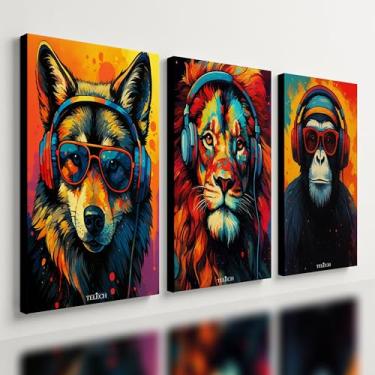 Imagem de Kit 3 Quadro Decorativo Animais Colorido Abstrato Luxo Fone Qualidade Premium (28x20cm)