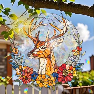 Imagem de Acrílico colorido Suncatcher, decoração para pendurar veado com design de estilo vitral impresso, arte de parede de arco-íris, refrator de luz do sol, decoração de casa interna e externa com corrente