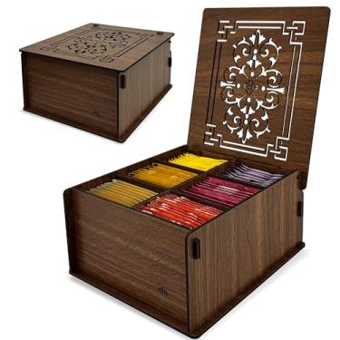 Imagem de RoyalHouse Caixa organizadora de chá de madeira premium (MDF) (marrom), caixa decorativa multifuncional ecológica, 6 compartimentos para diversos tipos de saquinhos de chá e itens pequenos