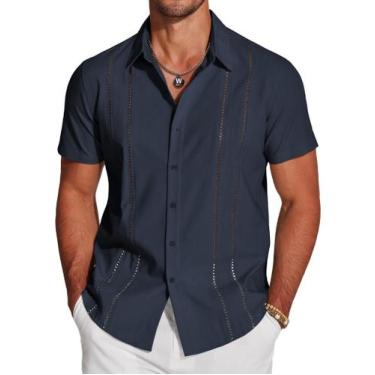 Imagem de Camisa masculina COOFANDY de manga curta com botões azul marinho