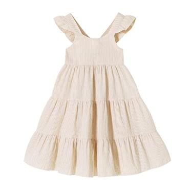 Imagem de Vestido de verão infantil para bebês meninas arco-íris princesa sem mangas praia borboleta, Listras cáqui, 4-5 Anos