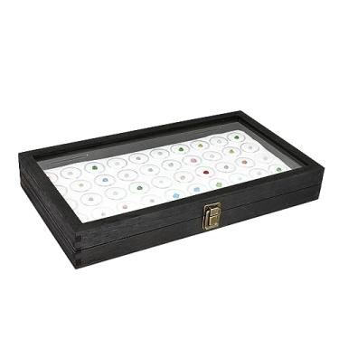 Imagem de MOOCA Caixa de exibição de joias preta com tampa de vidro temperado, 50 frascos de pedras, caixa de anel, organizador de joias, armazenamento de jarras de joias para joias, caixa de exibição de vidro,