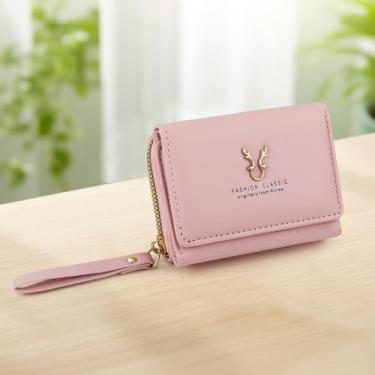 Imagem de Carteira feminina de poliuretano, porta-cartões com zíper triplo e decoração de chifre de veado, 6 compartimentos para cartão e 2 compartimentos para uso diário, compras, rosa, Casual