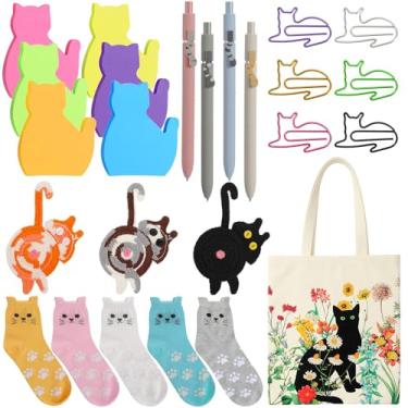 Imagem de Tenceur Pacote com 25 materiais de escritório para gatos, bolsa de lona, notas adesivas, clipes de papel, canetas de tinta de gel, porta-copos de crochê, meias de gatinho, lembrancinha de festa para