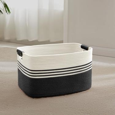 Imagem de SunNewt Cesto de lavanderia pequeno de 45 L com alças de couro para armazenamento na sala de estar, cesto de cestas de corda tecida para cobertor, brinquedo infantil, presentes, cesto de vime para