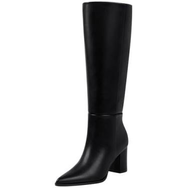 Imagem de CELLENZ Botas femininas de cano alto: bota alta confortável de bico fino, salto grosso, panturrilha larga, outono inverno, botas longas para festas de escritório, 54 PU preto, 38