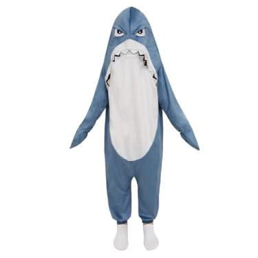 Imagem de ROC PARTY Pijama adulto de tubarão, roupa de dormir aconchegante de animal orca com capuz e barbatanas, roupa de dormir de uma peça de pelúcia macia para casa, descanso e fantasia divertida cinza-azul