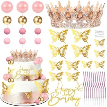 Imagem de Topo de bolo de coroa de aniversário, decorações de bolo com topo de bolo de feliz aniversário, bolas, borboletas douradas, Corona para pastel para mulheres, princesa, decoração de festa de casamento