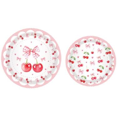 Imagem de Pratos de papel Cherry de 18 cm, 24 peças e 23 cm, 24 peças, 48 pratos descartáveis com lindo design de cereja rosa, perfeitos para festas, piqueniques, aniversários, chás de bebê, reuniões domésticas