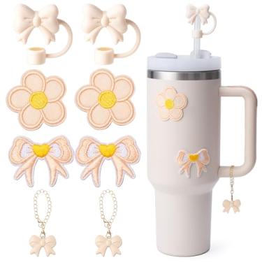 Imagem de 8 peças de acessórios para copos Stanley, acessórios Stanley | 2 peças de enfeite de canudo de laço de silicone, 2 pingentes de alça de laço, 2 peças de garrafas de água, adesivos para decoração