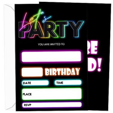 Imagem de Geuro Convite de aniversário com luz de néon com envelopes para meninas, meninos e adolescentes, convites para adultos, festa com brilho arco-íris, conjunto com 20