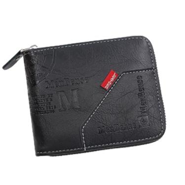 Imagem de Carteira masculina dobrável com bolso para moedas com zíper - carteira curta, janela para identidade e compartimentos para cartão, Preto, Dobrável