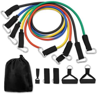 Imagem de Kit 11 Peças Elásticos Extensor Funcional – Treino em Casa, Academia, Pilates, Yoga, Musculação e Alongamento, com Alças de Suspensão e Bolsa de Transporte