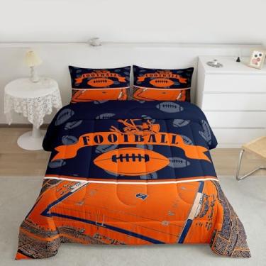 Imagem de Feelyou Jogo de cama casal com capacete de rúgbi de futebol americano, para meninos, esportes, laranja, azul marinho, 3 peças (Chicago)