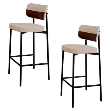 Imagem de Banqueta Alta Bar Estofada Kit 2 Ella M25 Linho Areia/marrom - Mpozenato