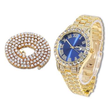 Imagem de richhut Relógio de diamante masculino masculino - mostrador azul - pulseira de 18 mm de largura banhado a ouro real 18 k ouro branco banhado a platina, com conjunto de corrente de tênis opcional