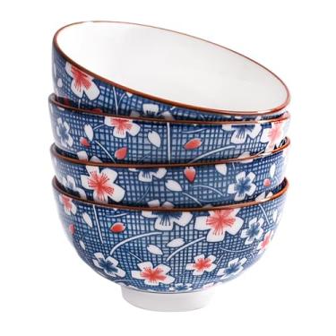 Imagem de Tigelas de arroz de cerâmica estilo japonês, padrão floral tradicional, azul e branco, 11 cm de diâmetro, 6 cm de altura, conjunto de 4 (YZL)