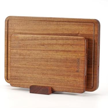 Imagem de Relxinke Conjunto de tábuas de corte de madeira de teca maciça, peça única, não colada, grande, grossa e resistente a rachaduras, com sulcos de suco profundo, alças embutidas para cozinha, carne