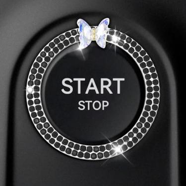 Imagem de SWQS Anel de borboleta brilhante com emblema botão de arranque anel de decoração, anel de botão de ignição de strass, adesivo de capa de botão de pressão para iniciar motor de carro, acessórios de