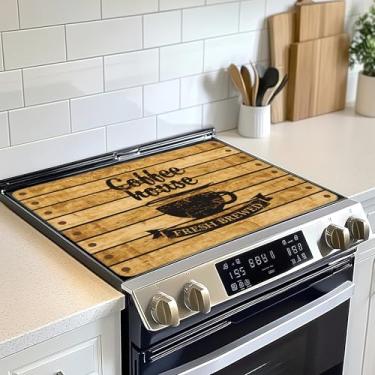 Imagem de Tampa superior de fogão de café de vidro resistente ao calor, xícara de café, fogão de cerâmica de madeira, tapete evita arranhões fogões/balcão/protetor de lavadora, 71 x 50 cm
