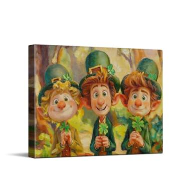 Imagem de CYFDYVT Pintura a óleo alegre Leprechaun Trio Dia de São Patrício impressão de arte de parede com trevo decoração de folclore irlandês para casa arte em tela 25 x 20 cm