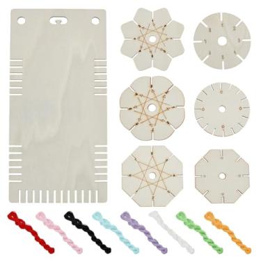 Imagem de FREEBLOSS 7 peças de placas trançadas de madeira com 8 cores de cordas de macramê conjunto de discos de tricô para fazer pulseiras