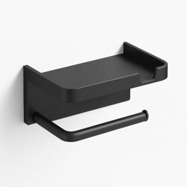 Imagem de Suporte de Papel Higiênico Multifuncional com Prateleira – Organizador de Banheiro em Plástico PP Reforçado, Preto – Porta Celular e Acessórios
