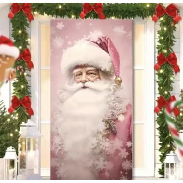 Imagem de Capa para Porta Feliz Natal Rosa com Elástico – Painel Decorativo Feliz Papai Noel Tecido Premiun (2,10 Cms X 0,85 Cms) (20)