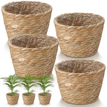 Imagem de Fiwochic 4 cestos de plantas de palha para ambientes internos de vime com forro de plástico, plantador de plantas para ambientes internos e externos, rústico, boêmio, casa, quinta, vasos de decoração
