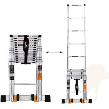 Imagem de OKUOKA Escada de degrau de extensão 2M-4M trilhos altos de alumínio com rodas escada telescópica portátil resistente para carga de loft industrial 150 kg (tamanho: 3,8 m/12,5 pés)