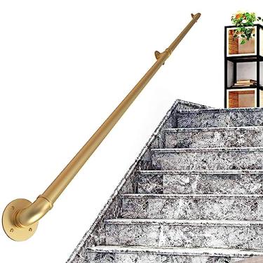 Imagem de Corrimão de escada - kit completo, corrimão de tubo dourado industrial de escada com suporte de montagem na parede, casa contra a parede, grades internas e externas para idosos (tamanho: 3,7 m)