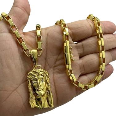 Imagem de Cordão 6Mm Tijolinho Curto + Pingente Jesus - Banhado A Ouro
