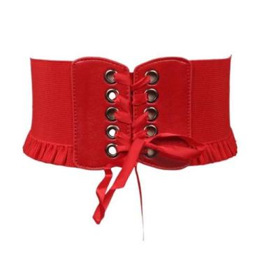 Imagem de Cinto Corset Largo Cintura Alta Couro PU Laço Botão Babado - Modas Fag