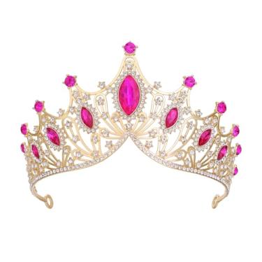 Imagem de Tiaras e coroas de cristal para mulheres - acessórios de cabelo de coroa de princesa para festa de casamento e aniversário - acessórios de strass para noiva (vermelho rosa)