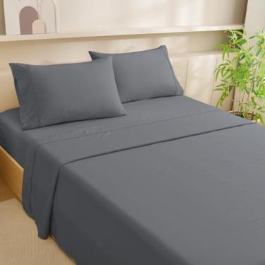 Imagem de MCO Conjunto de lençol completo refrescante, raiom derivado de lençóis de bambu, jogo de cama luxuoso e sedoso com bolso profundo de 40,6 cm (casal, cinza carvão)