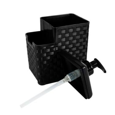 Imagem de Porta Detergente e Esponja Dispenser 2 em 1, Plástico, Preto, Rattan, 600ml, Bico Dosador, 13x11x7.5cm