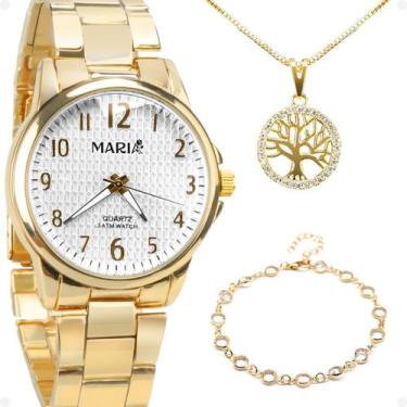 Imagem de Relogio Aço Banhado Feminino Inox + Pingente Pulseira Colar analogico 