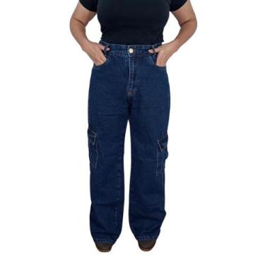 Imagem de Calça Jeans Cargo Feminina Soltinha Cós Alto Bolsos Funcionais 100% Al