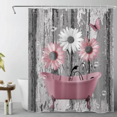 Imagem de HVEST Cortina de chuveiro floral Farmhouse para banheiro rosa e branco margarida e borboleta na banheira em madeira rústica cortina de chuveiro com ganchos conjuntos de cortina de chuveiro de banheiro