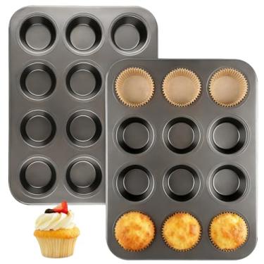 Imagem de Artcochan Conjunto de 2 formas de muffin, forma de cupcake antiaderente de aço carbono com 100 forros, forma de muffin padrão para cupcakes e suprimentos de panificação