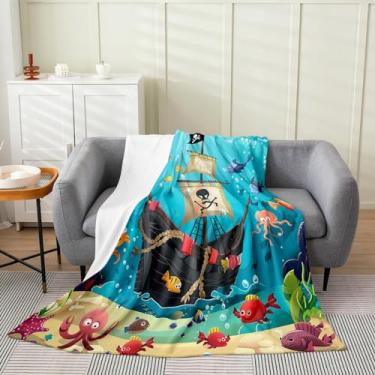 Imagem de Cobertor de lã de aventura marinha com desenho de navio pirata, 102 x 127 cm, cobertor de flanela para todas as estações, fofo polvo, água-viva, cobertor de pelúcia
