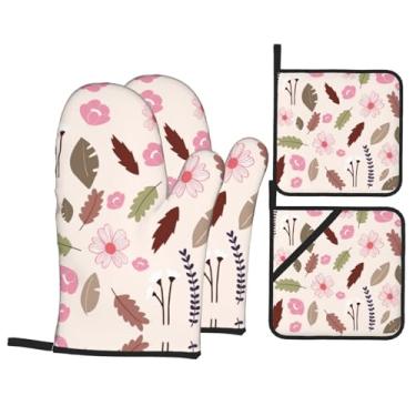 Imagem de Flores - Conjunto de luvas de cozinha estampadas com suportes de tampa, luvas de forno resistentes ao calor para manusear panelas quentes, grelhar, churrascos, kit de 4 peças.