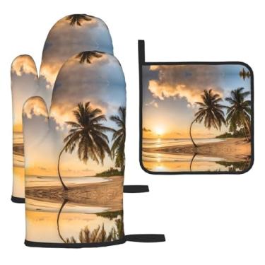 Imagem de Sunset Hawaiian Palm Tree – Conjunto de cozinha essencial com 3 peças, luvas resistentes ao calor e alça de tampa, proteção para churrasco no forno, design de armazenamento suspenso.