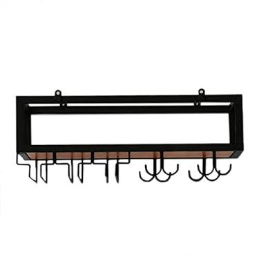 Imagem de APUM Rack de vinho suspenso no teto, com corrente de ferro de 1 m de comprimento, prateleiras industriais de madeira, suporte de taças de cálice, rack de armazenamento de bar/cozinha/restaurantes