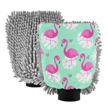 Imagem de STAYTOP Lindas luvas de lavagem de carro flamingo, 2 peças, luvas de microfibra de chenille, sem arranhões, panos de esponja de lavagem ultra absorventes para carros, limpeza doméstica - M