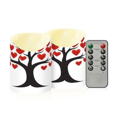 Imagem de Wassud Pacote com 2 árvores de dia dos namorados com corações velas sem chama com controle remoto, velas realistas cintilantes com temporizador, velas decorativas para Natal, casamento, festa