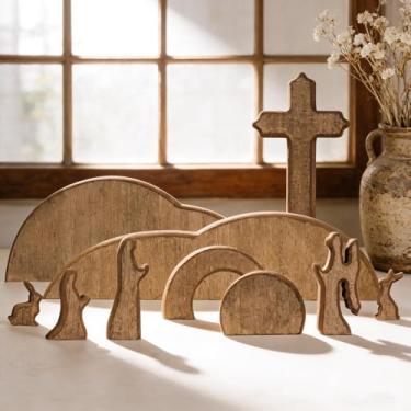 Imagem de TW SHINE Cena de Páscoa de túmulo vazio e decoração cruzada, conjunto de bandeja de cena de ressurreição cristã de madeira, decoração de Páscoa da tumba de Jesus para mesa de escritório em casa