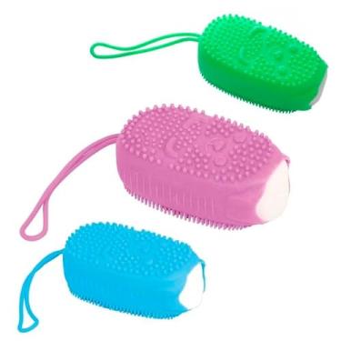 Imagem de Esponja de Silicone para Banho com Porta Sabonete, Macia, Esfoliação, Manual, Rosa, Verde e Azul, Cores sortidas